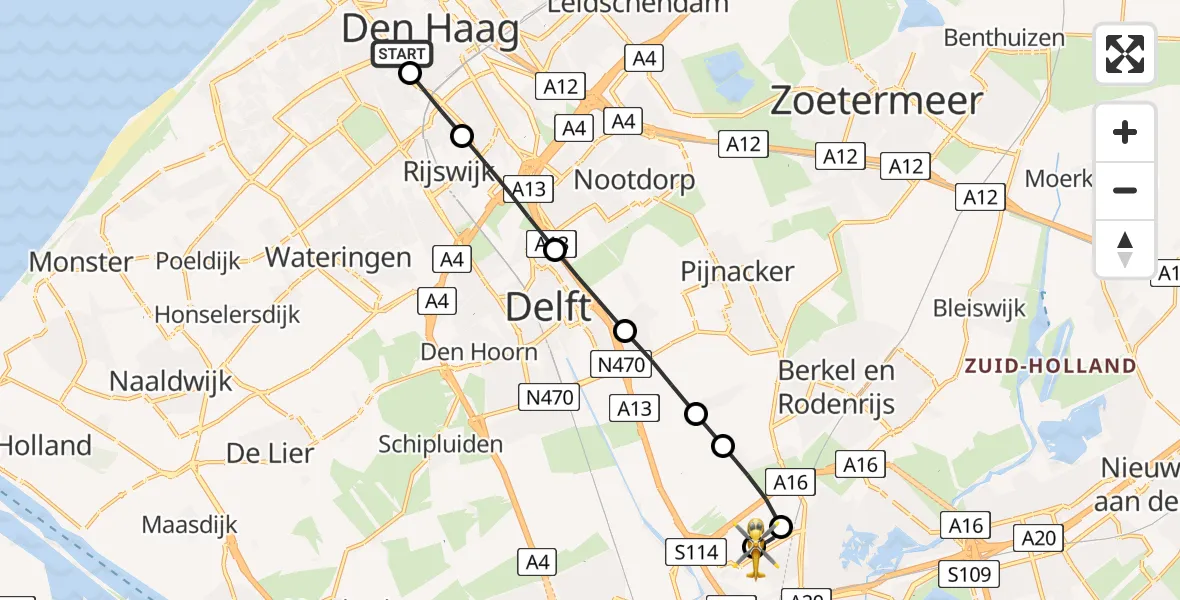 Vluchtroute Traumahelikopter van HMC Westeinde Heliport naar Rotterdam The Hague Airport