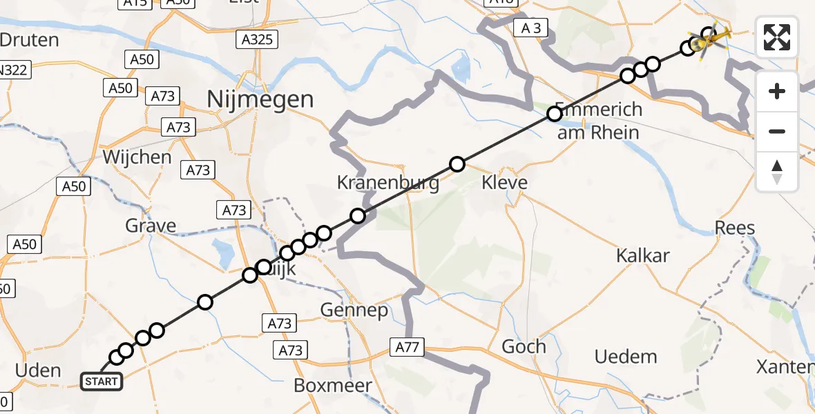 Vluchtroute Traumahelikopter van Vliegbasis Volkel naar Ulft