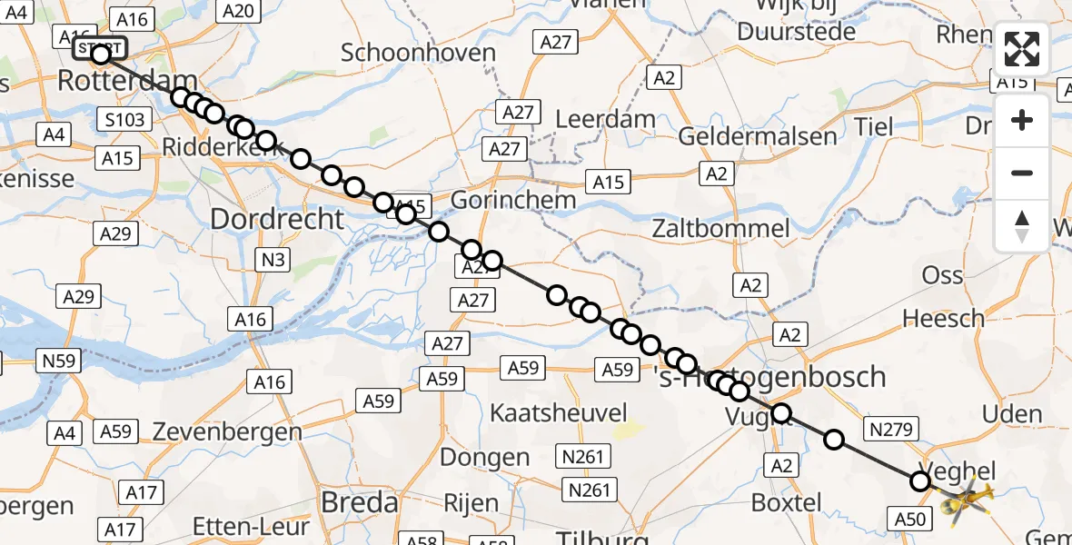 Vluchtroute Traumahelikopter van Rotterdam The Hague Airport naar Veghel