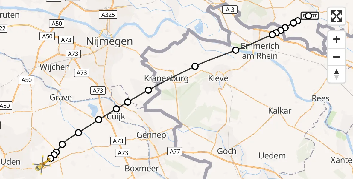 Vluchtroute Traumahelikopter van Ulft naar Vliegbasis Volkel