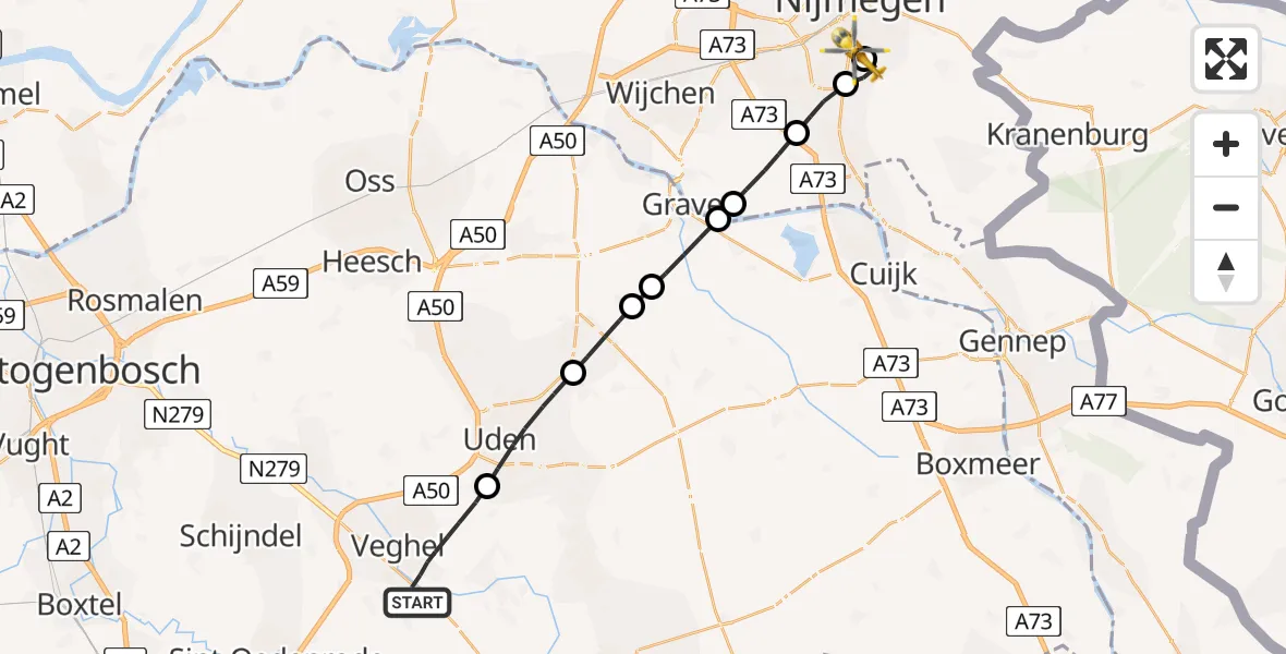 Vluchtroute Traumahelikopter van Veghel naar Radboud University Medical Center Heliport