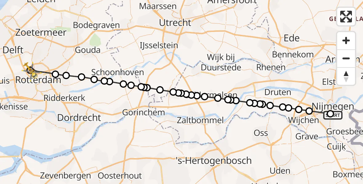 Vluchtroute Traumahelikopter van Radboud Universitair Medisch Centrum naar Rotterdam The Hague Airport