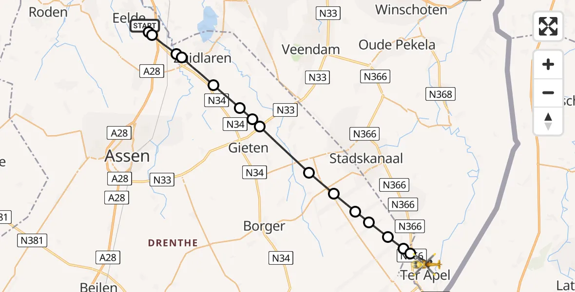 Vluchtroute Traumahelikopter van Groningen Airport Eelde naar Ter Apel