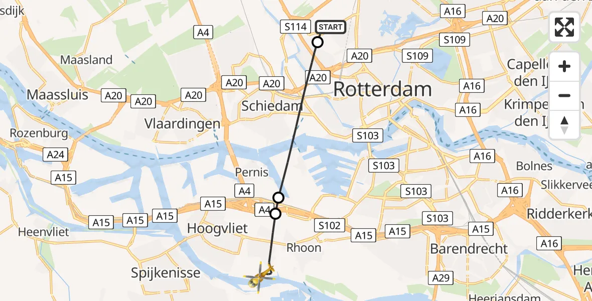Vluchtroute Traumahelikopter van Rotterdam The Hague Airport naar Poortugaal