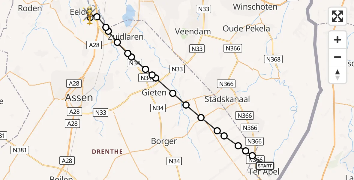 Vluchtroute Traumahelikopter van Ter Apel naar Groningen Airport Eelde