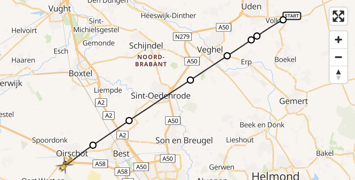 Vluchtroute Traumahelikopter van Vliegbasis Volkel naar Oirschot