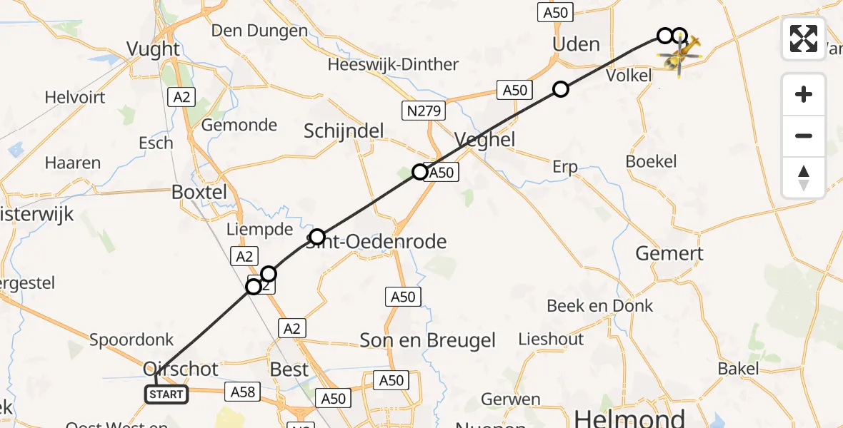 Vluchtroute Traumahelikopter van Oirschot naar Vliegbasis Volkel