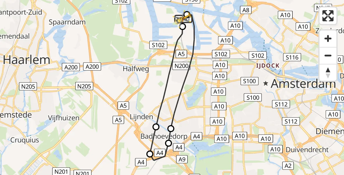 Vluchtroute Traumahelikopter van Amsterdam Heliport naar Amsterdam Heliport