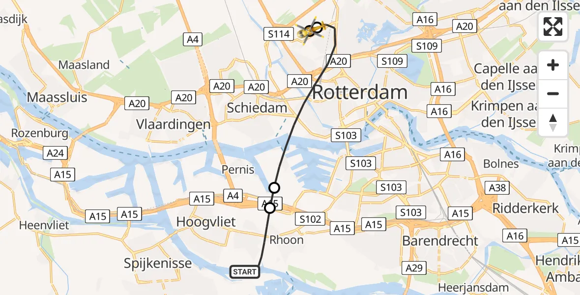 Vluchtroute Traumahelikopter van Poortugaal naar Rotterdam