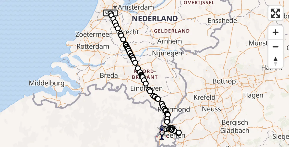 Vluchtroute Politiehelikopter van Amsterdam Vliegveld Schiphol naar Maastricht Aachen Airport