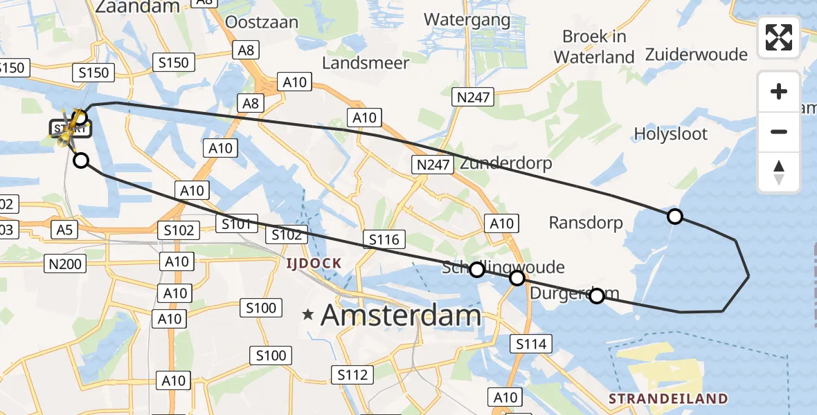 Vluchtroute Traumahelikopter van Amsterdam Heliport naar Amsterdam Heliport