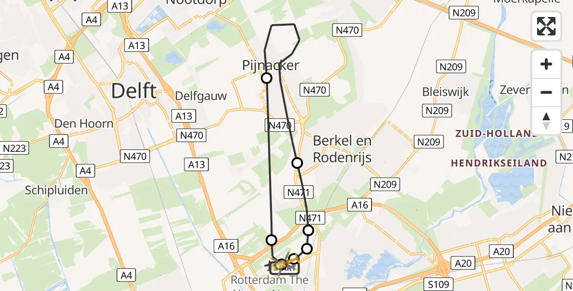 Vluchtroute Traumahelikopter van Rotterdam The Hague Airport naar Rotterdam