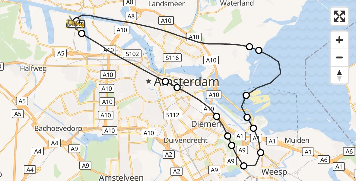 Vluchtroute Traumahelikopter van Amsterdam Heliport naar Amsterdam Heliport