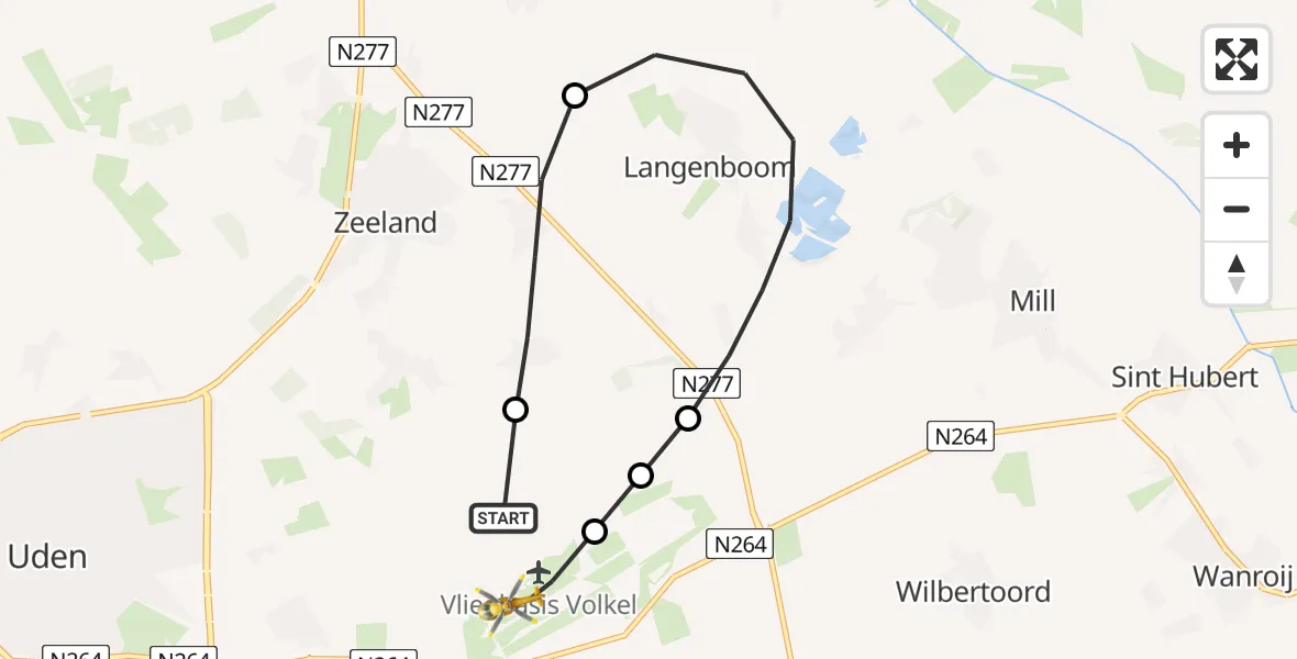 Vluchtroute Traumahelikopter van Vliegbasis Volkel naar Vliegbasis Volkel
