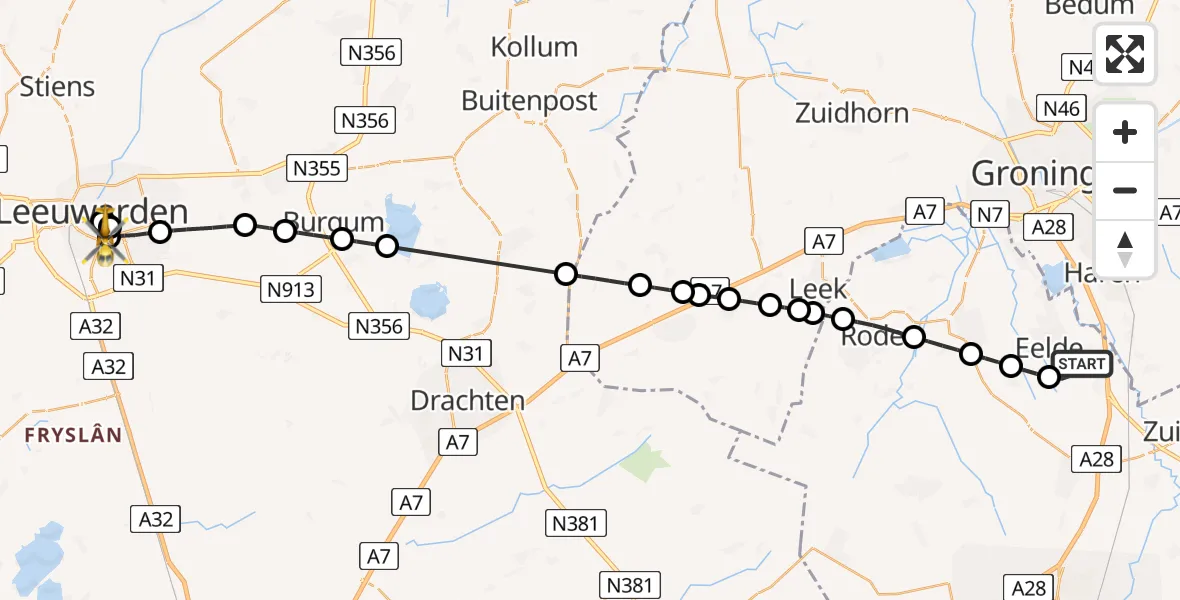 Vluchtroute Traumahelikopter van Groningen Airport Eelde naar Leeuwarden Medical Center Heliport