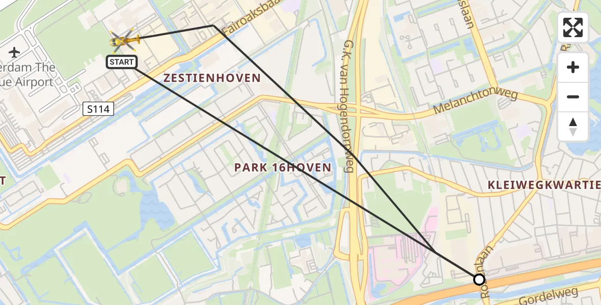 Vluchtroute Traumahelikopter van Rotterdam The Hague Airport naar Rotterdam