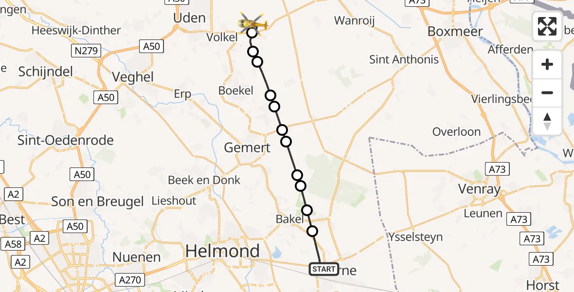 Vluchtroute Traumahelikopter van Deurne naar Vliegbasis Volkel