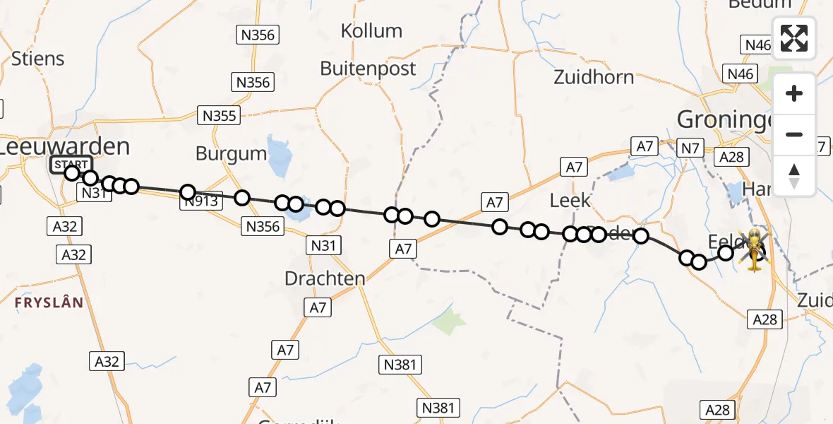 Vluchtroute Traumahelikopter van Leeuwarden Medical Center Heliport naar Groningen Airport Eelde