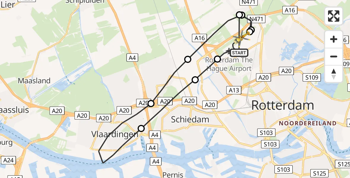 Vluchtroute Traumahelikopter van Rotterdam The Hague Airport naar Rotterdam The Hague Airport
