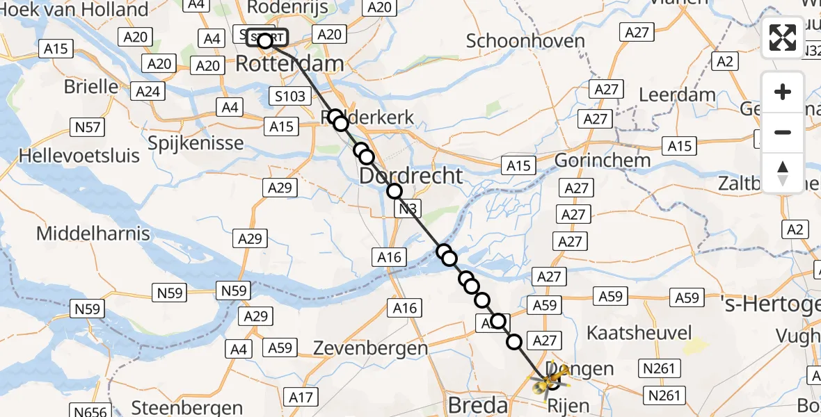 Vluchtroute Traumahelikopter van Rotterdam The Hague Airport naar Dorst