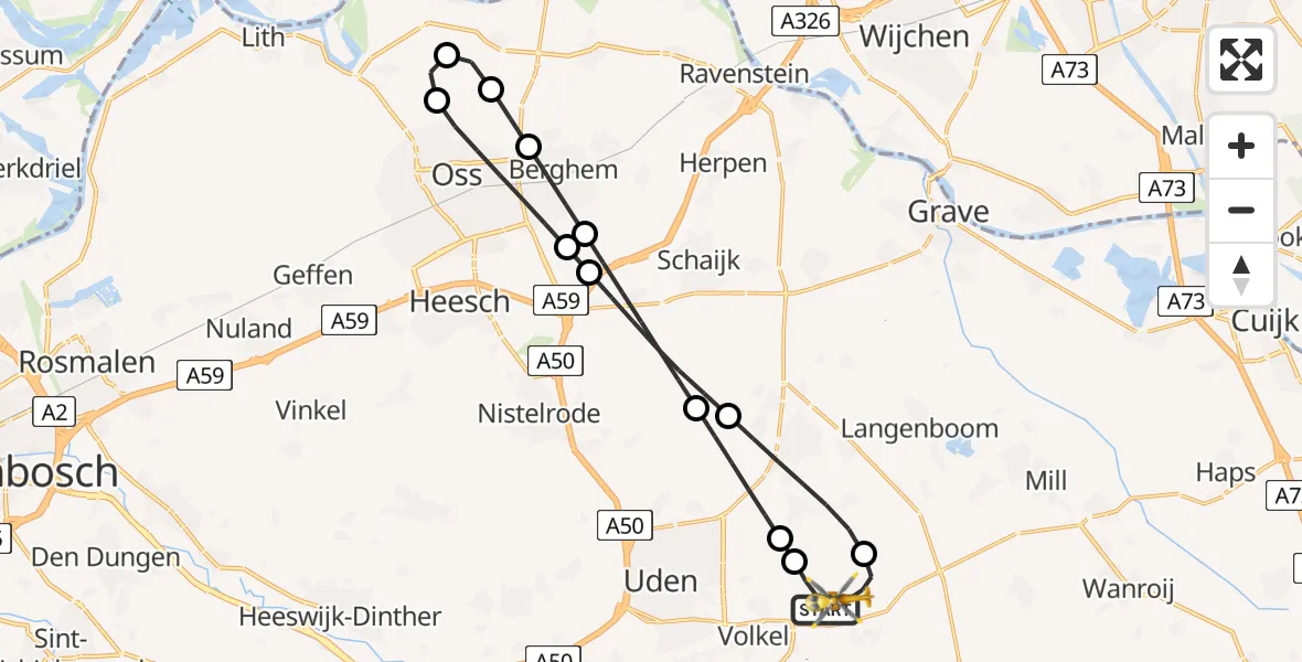 Vluchtroute Traumahelikopter van Vliegbasis Volkel naar Vliegbasis Volkel