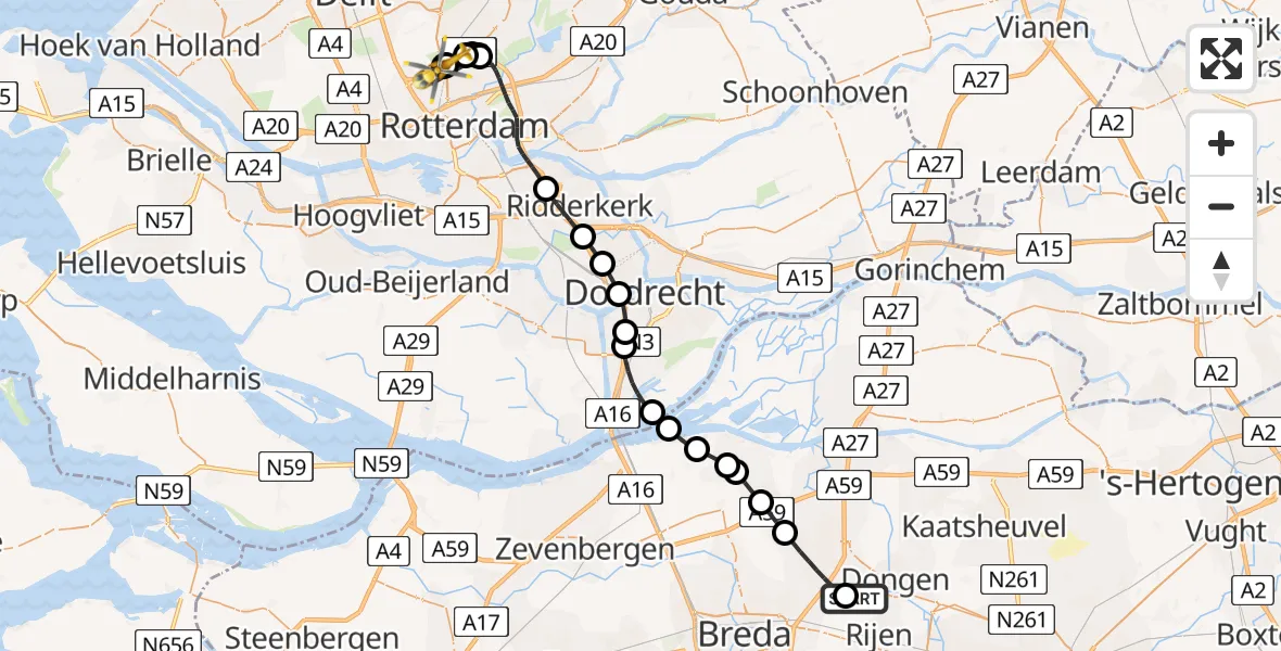 Vluchtroute Traumahelikopter van Dorst naar Rotterdam The Hague Airport