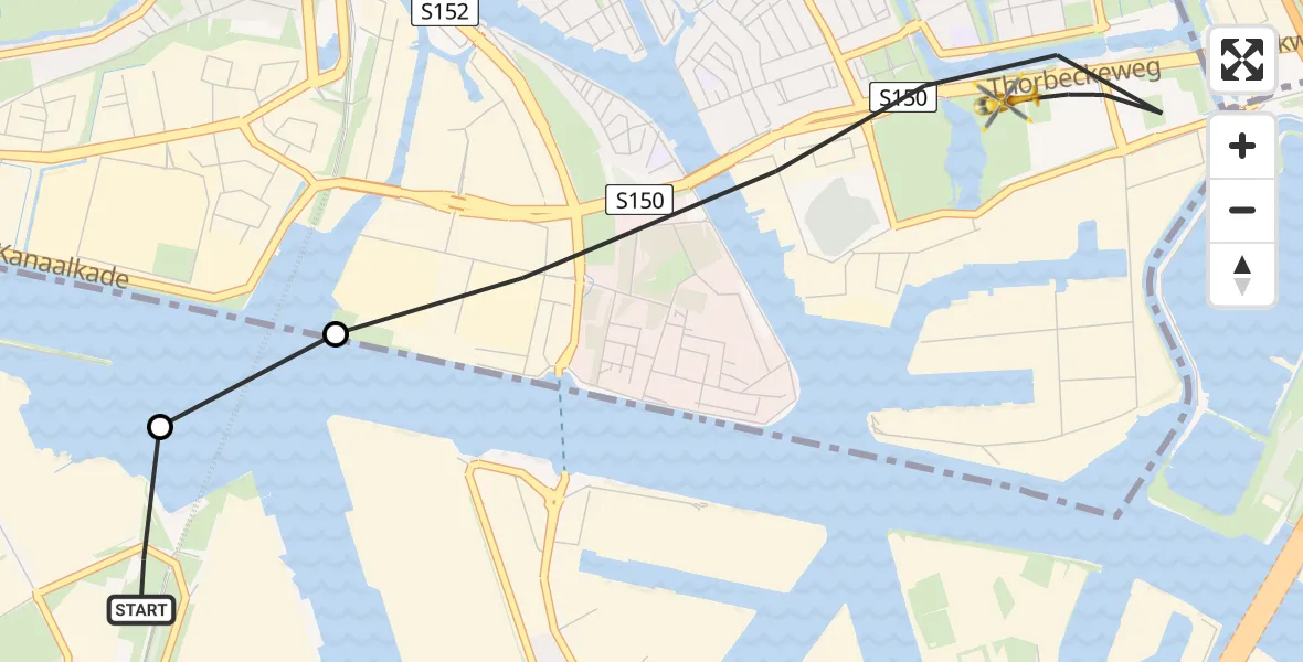 Vluchtroute Traumahelikopter van Amsterdam Heliport naar Zaandam