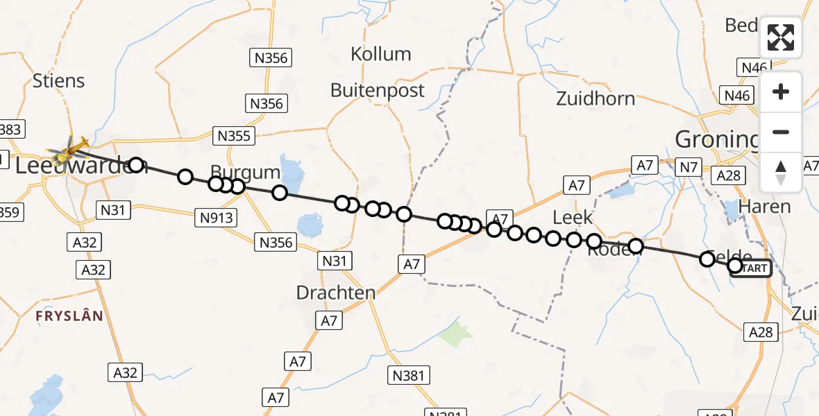 Vluchtroute Traumahelikopter van Groningen Airport Eelde naar Leeuwarden