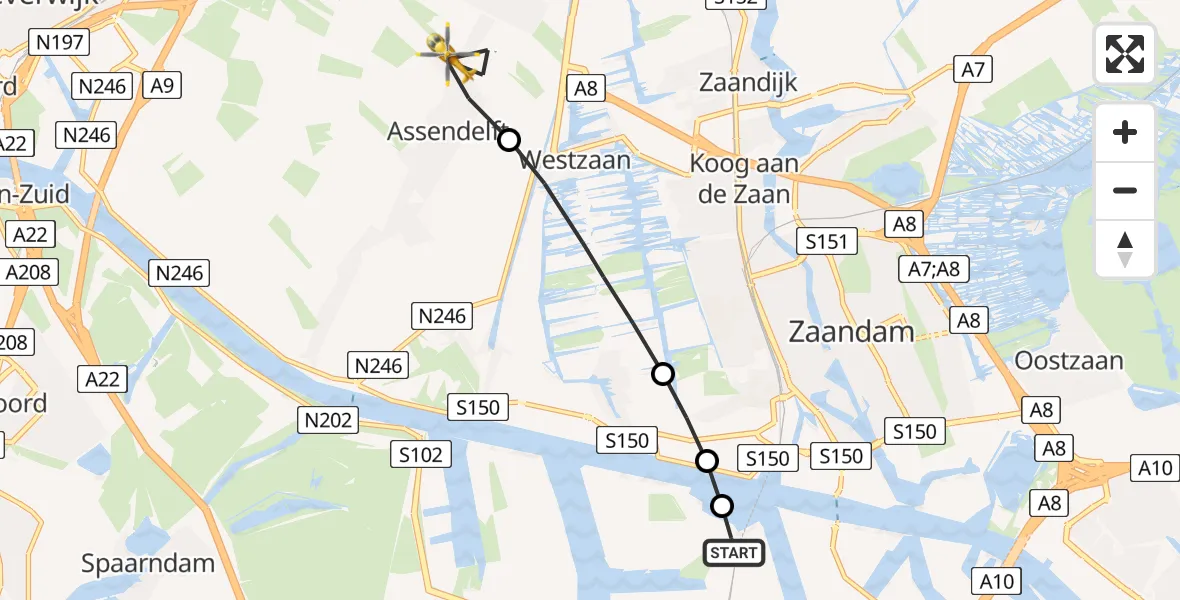 Vluchtroute Traumahelikopter van Amsterdam Heliport naar Assendelft