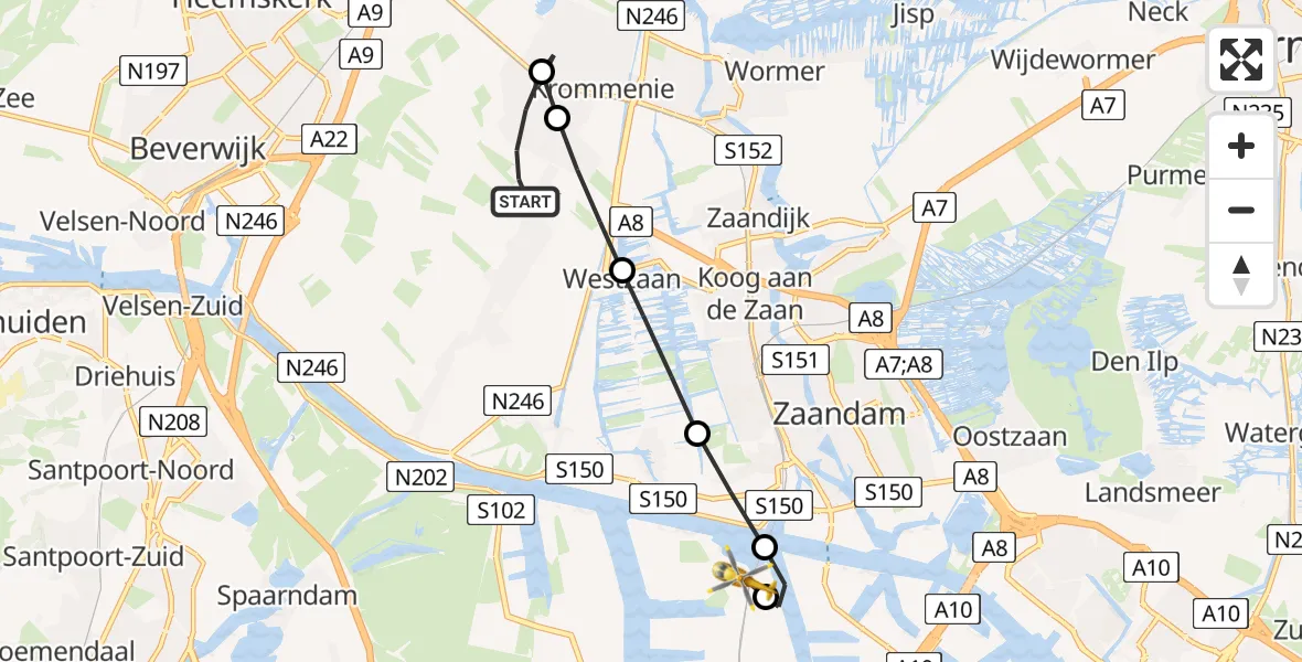 Vluchtroute Traumahelikopter van Assendelft naar Amsterdam Heliport
