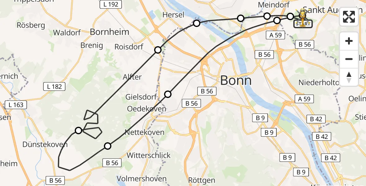 Vluchtroute Traumahelikopter van Bonn-Hangelar Flugplatz naar Bonn-Hangelar Flugplatz
