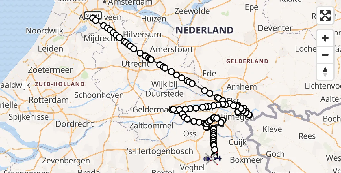 Vluchtroute Politiehelikopter van Amsterdam Vliegveld Schiphol naar Vliegbasis Volkel