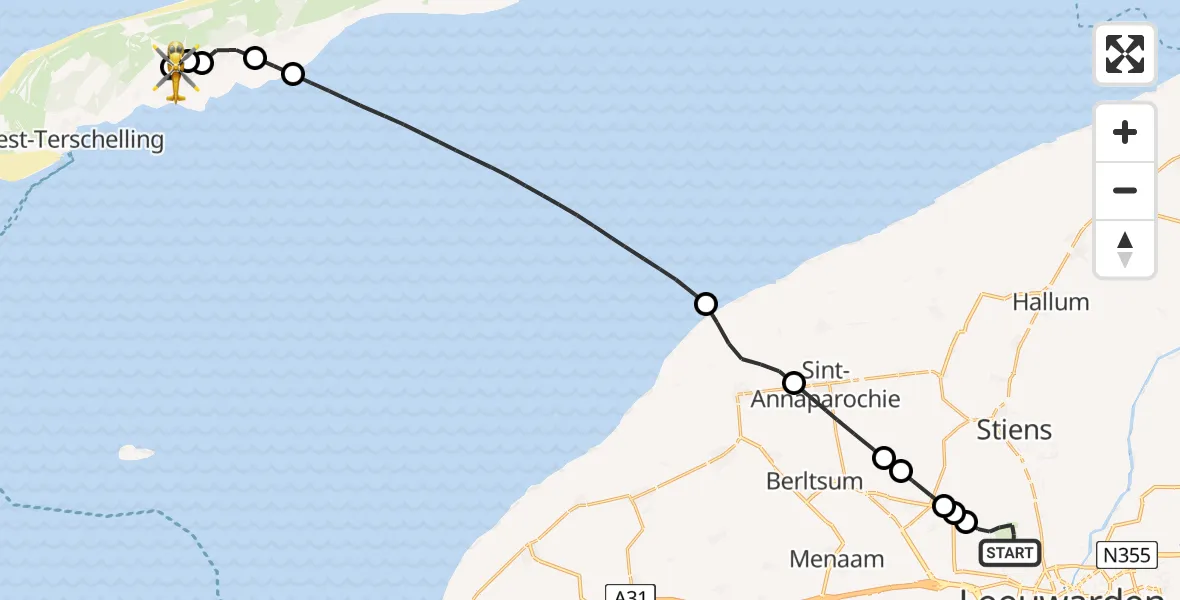 Vluchtroute Ambulancehelikopter van Vliegbasis Leeuwarden naar Terschelling Heliport