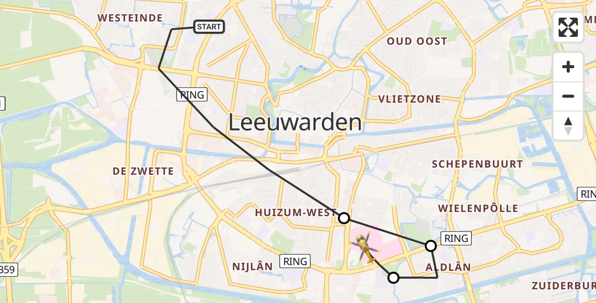 Vluchtroute Traumahelikopter van Leeuwarden naar Leeuwarden Medical Center Heliport