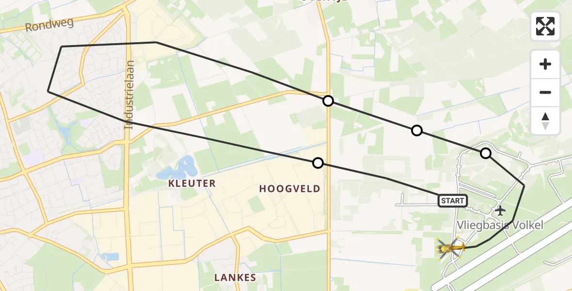 Vluchtroute Traumahelikopter van Vliegbasis Volkel naar Vliegbasis Volkel