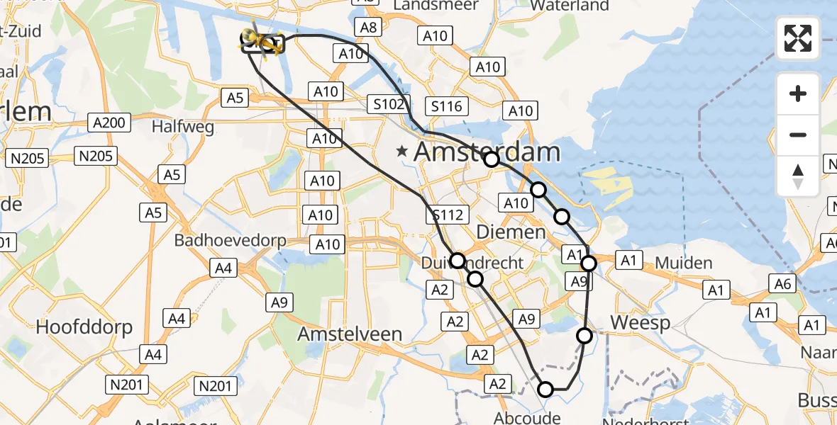 Vluchtroute Traumahelikopter van Amsterdam Heliport naar Amsterdam Heliport
