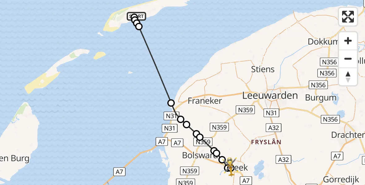 Vluchtroute Ambulancehelikopter van Terschelling Heliport naar Antonius Hospital Heliport