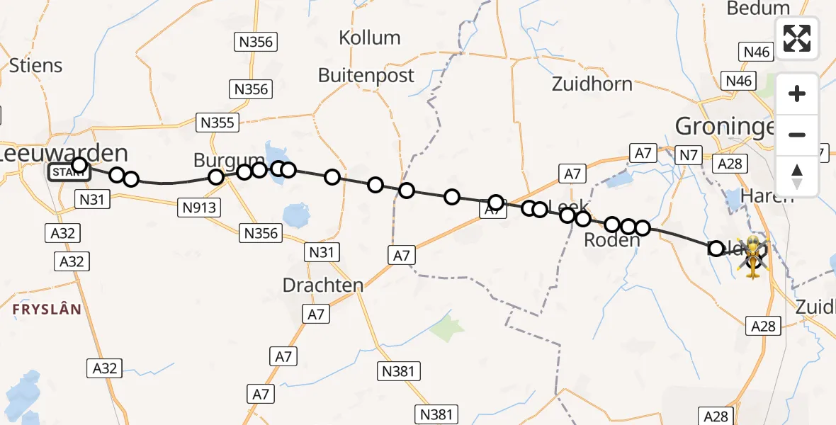 Vluchtroute Traumahelikopter van Leeuwarden Medical Center Heliport naar Groningen Airport Eelde