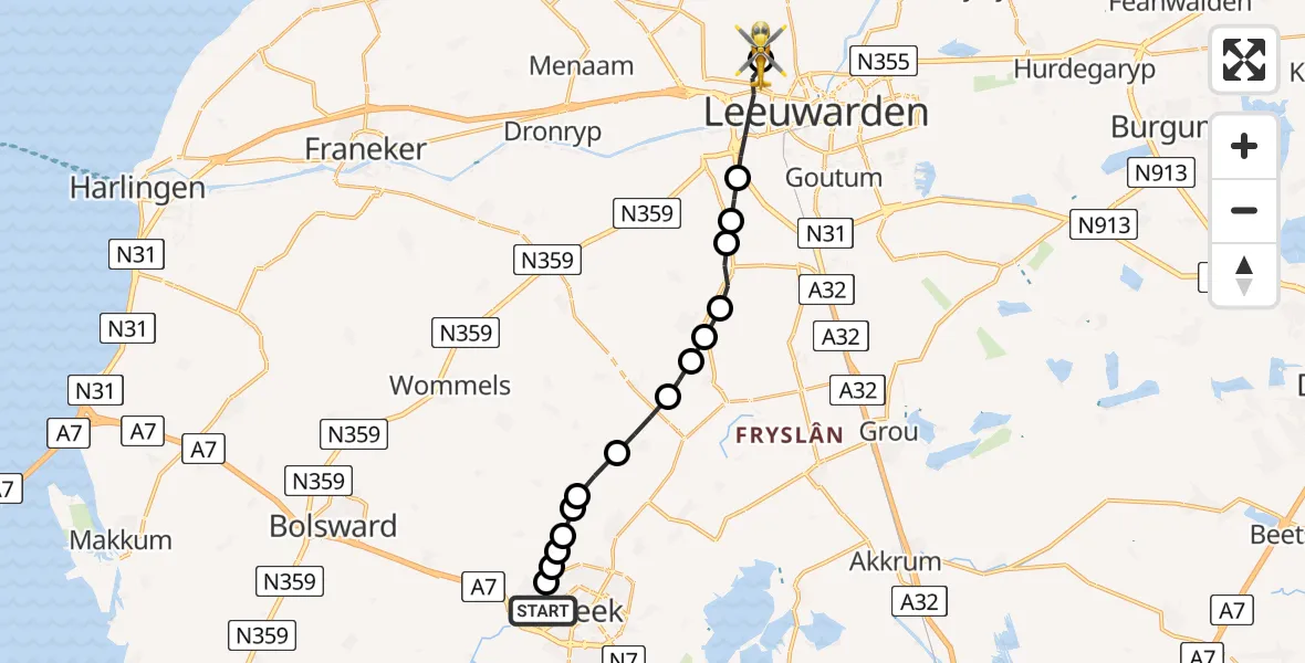 Vluchtroute Ambulancehelikopter van Antonius Hospital Heliport naar Vliegbasis Leeuwarden