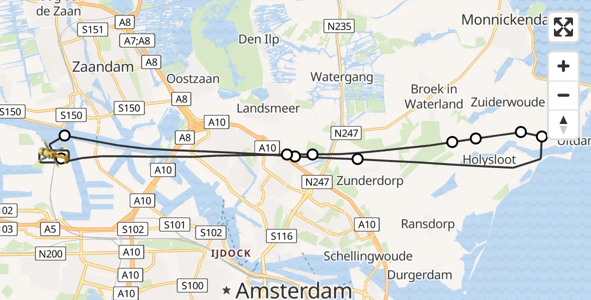 Vluchtroute Traumahelikopter van Amsterdam Heliport naar Amsterdam Heliport