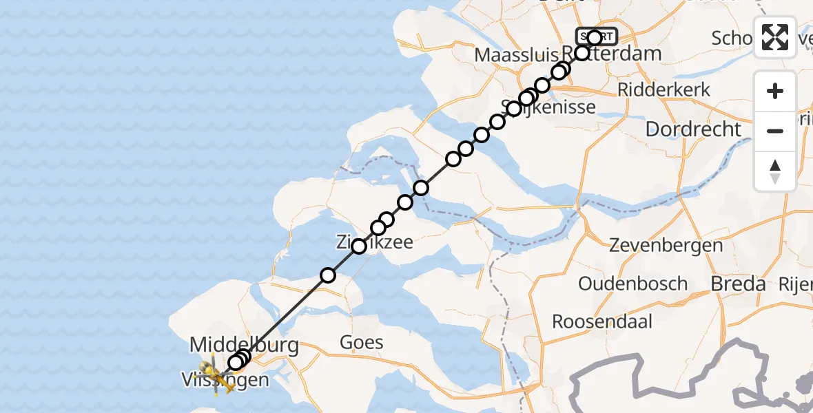Vluchtroute Traumahelikopter van Rotterdam The Hague Airport naar Vlissingen