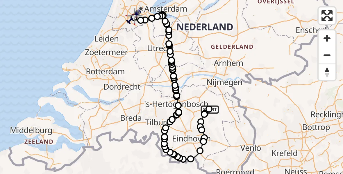 Vluchtroute Politiehelikopter van Vliegbasis Volkel naar Amsterdam Vliegveld Schiphol