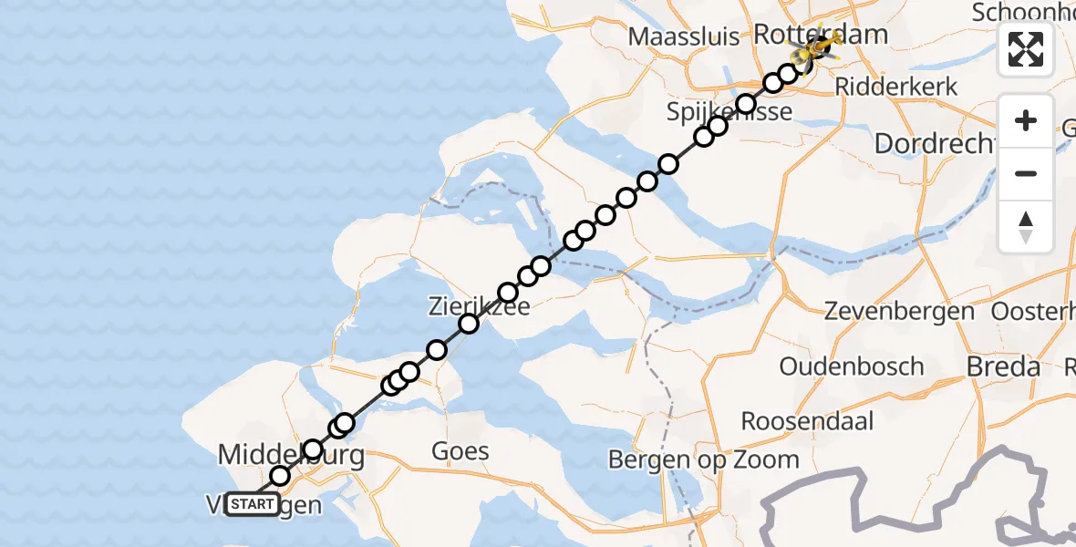 Vluchtroute Traumahelikopter van Vlissingen naar Leids Universitair Medisch Centrum (LUMC)