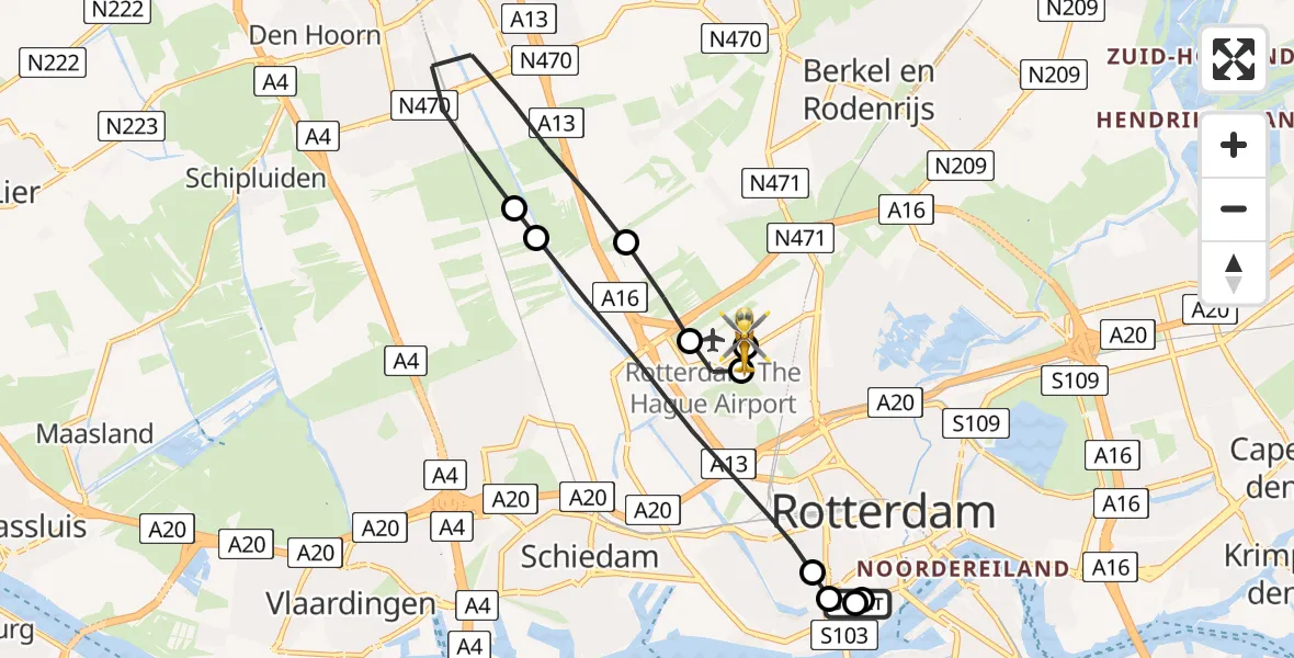 Vluchtroute Traumahelikopter van Leids Universitair Medisch Centrum (LUMC) naar Rotterdam The Hague Airport