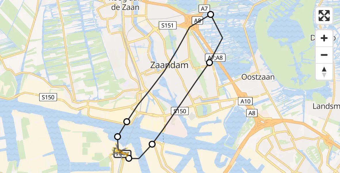 Vluchtroute Traumahelikopter van Amsterdam Heliport naar Amsterdam Heliport