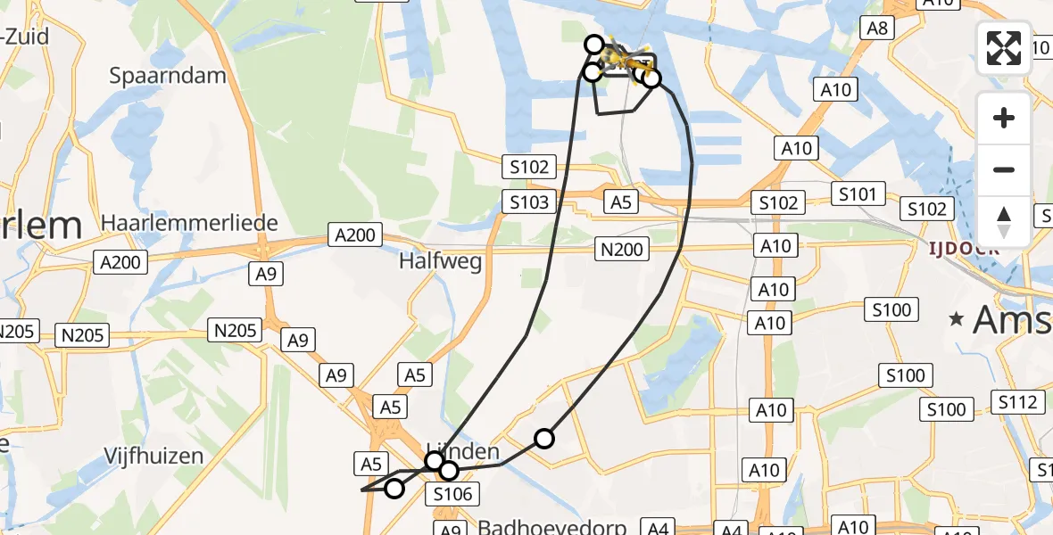 Vluchtroute Traumahelikopter van Amsterdam Heliport naar Amsterdam Heliport