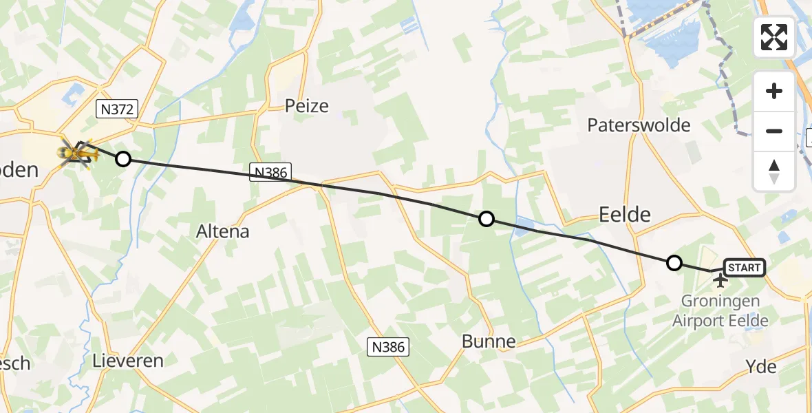 Vluchtroute Traumahelikopter van Groningen Airport Eelde naar Roden