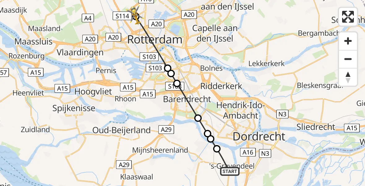 Vluchtroute Traumahelikopter van 's-Gravendeel naar Rotterdam The Hague Airport