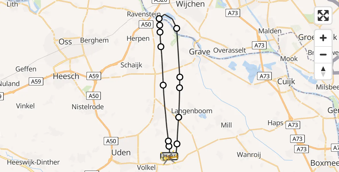Vluchtroute Traumahelikopter van Vliegbasis Volkel naar Vliegbasis Volkel