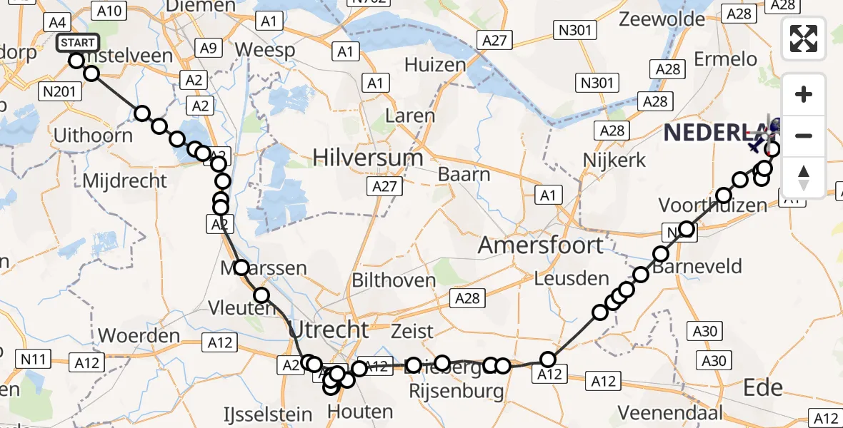 Vluchtroute Politiehelikopter van Amsterdam Vliegveld Schiphol naar Putten